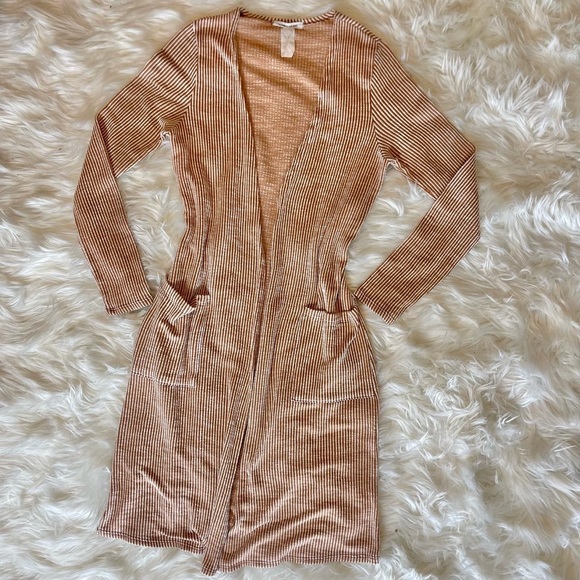 Nordstrom Caution To The Wind Dark Yellow Striped Duster Pocket Cardigan Sweater - Picture 2 of 3